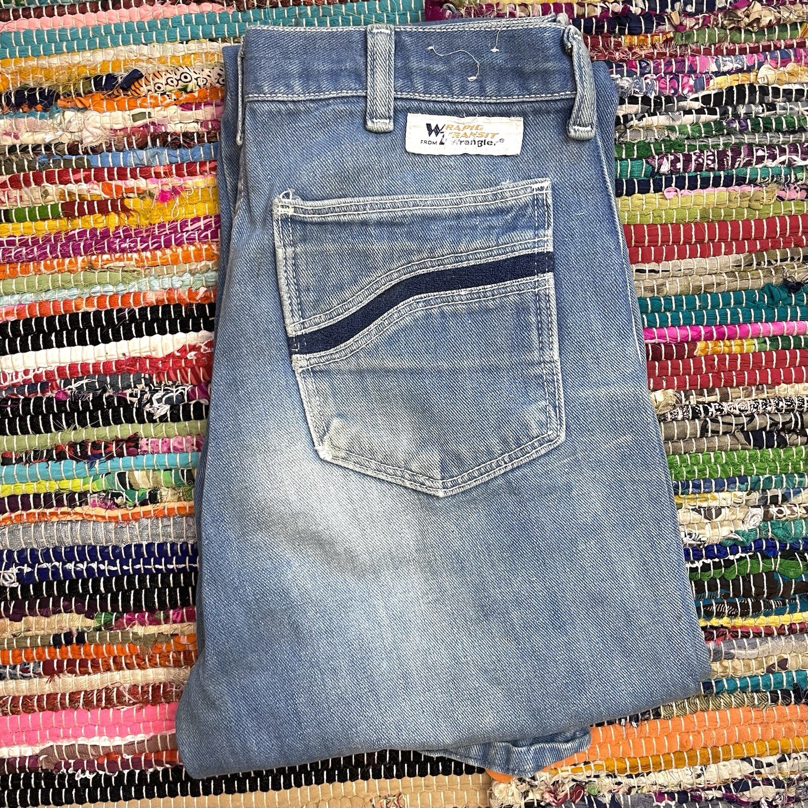 Vintage 70s Wranglers Wrapid Transit Western Cowgirl Boho Denim Blue Jeans 27×32