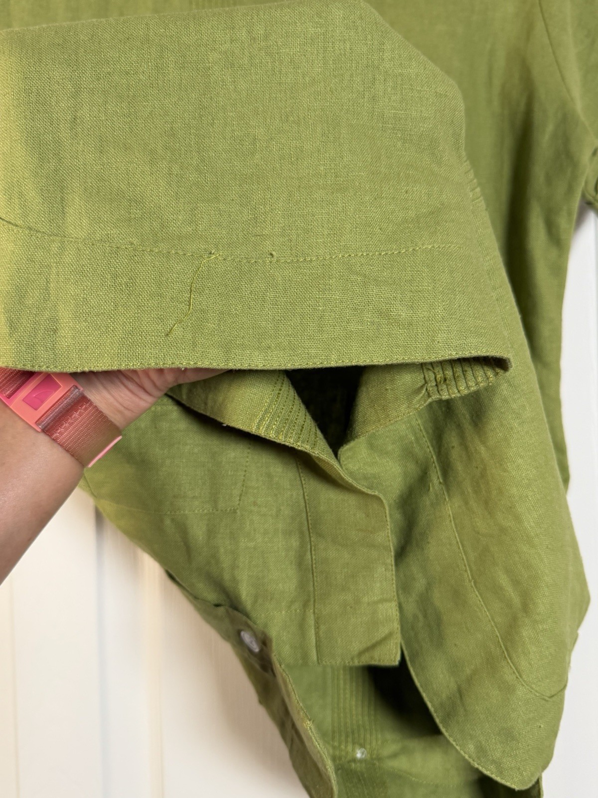 Vintage Panama Souvenir Guayabera Shirt S 55% Linen Cotton Green 4 Pocket