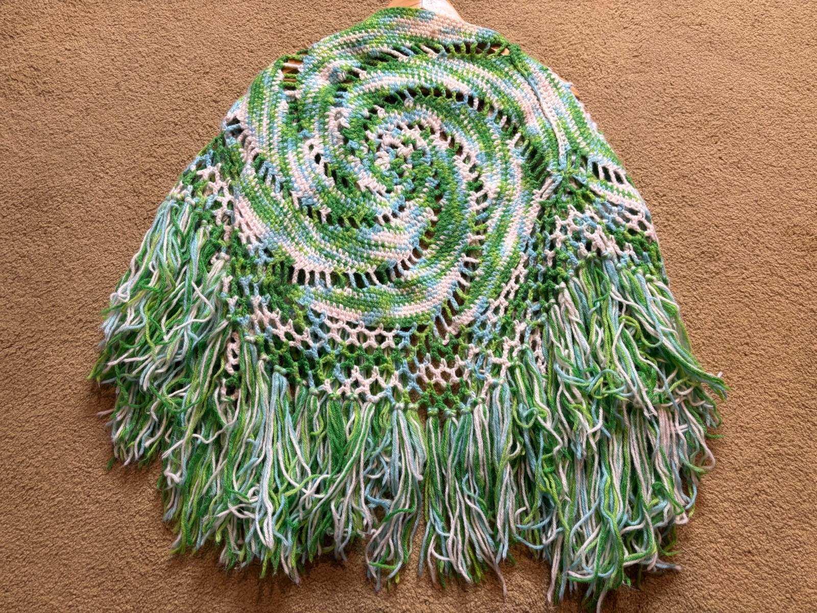 Tie Dye Knit Crochet Fringed Shawl Wrap Poncho Festival Cape Sweater Hippy Green
