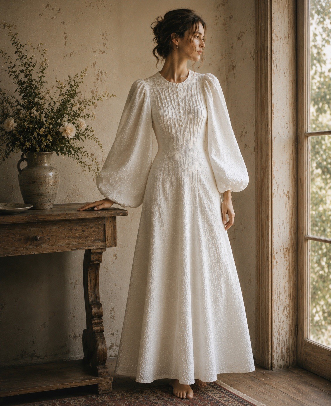 Vintage 1970s Ivory Doen Style Prairie Dress Long Puff Sleeve Gunne Style