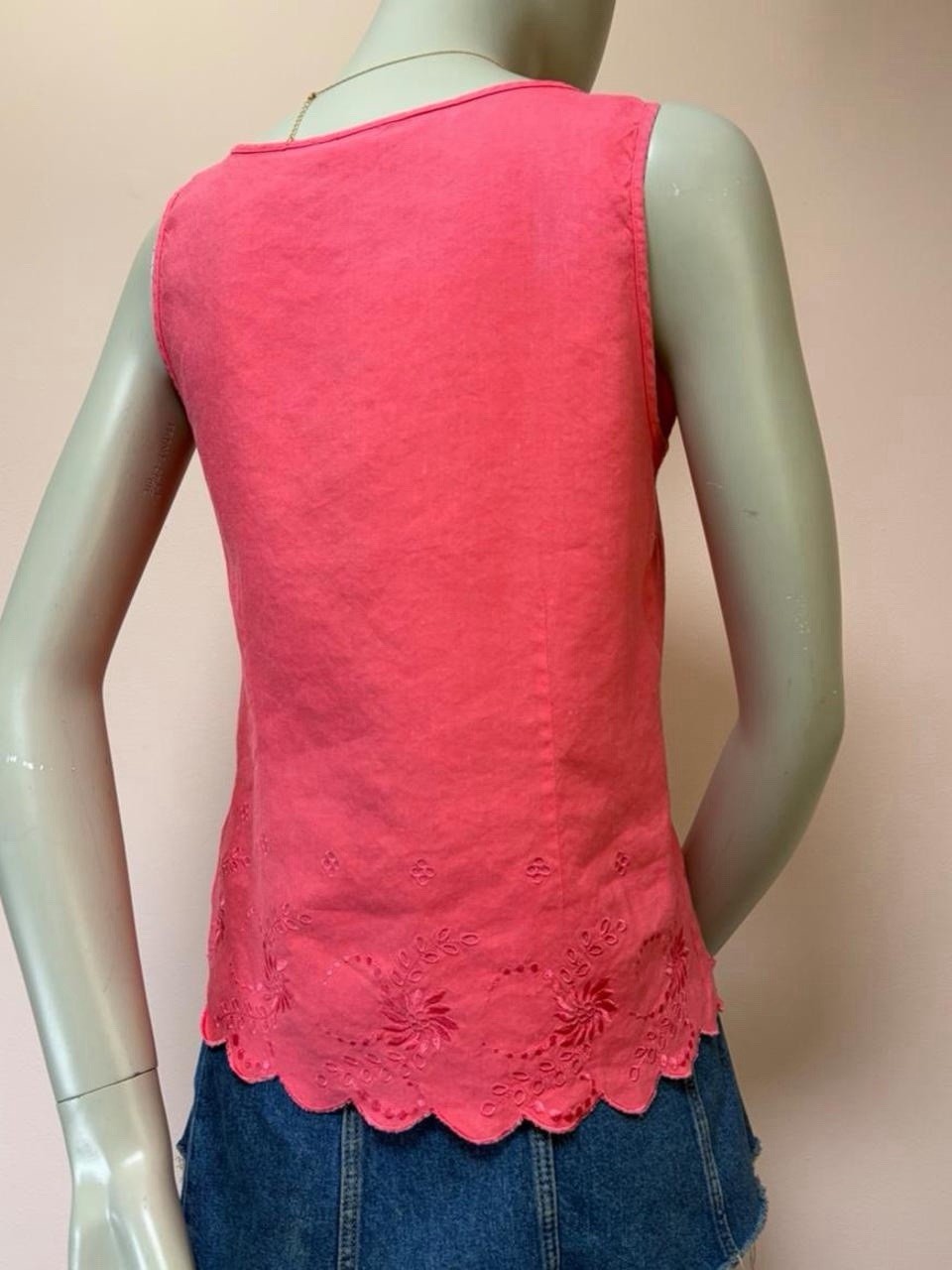 Vintage 90s Y2K Coral Pink Embroidered Scallop Hem Tank Top Shell Cottagecore S