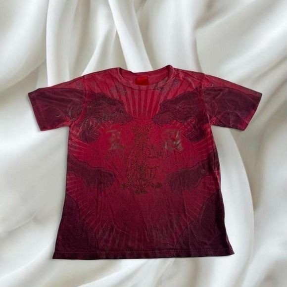 Christian Audigier Ed Hardy red lion AOP graphic top y2k vintage mcbling grunge