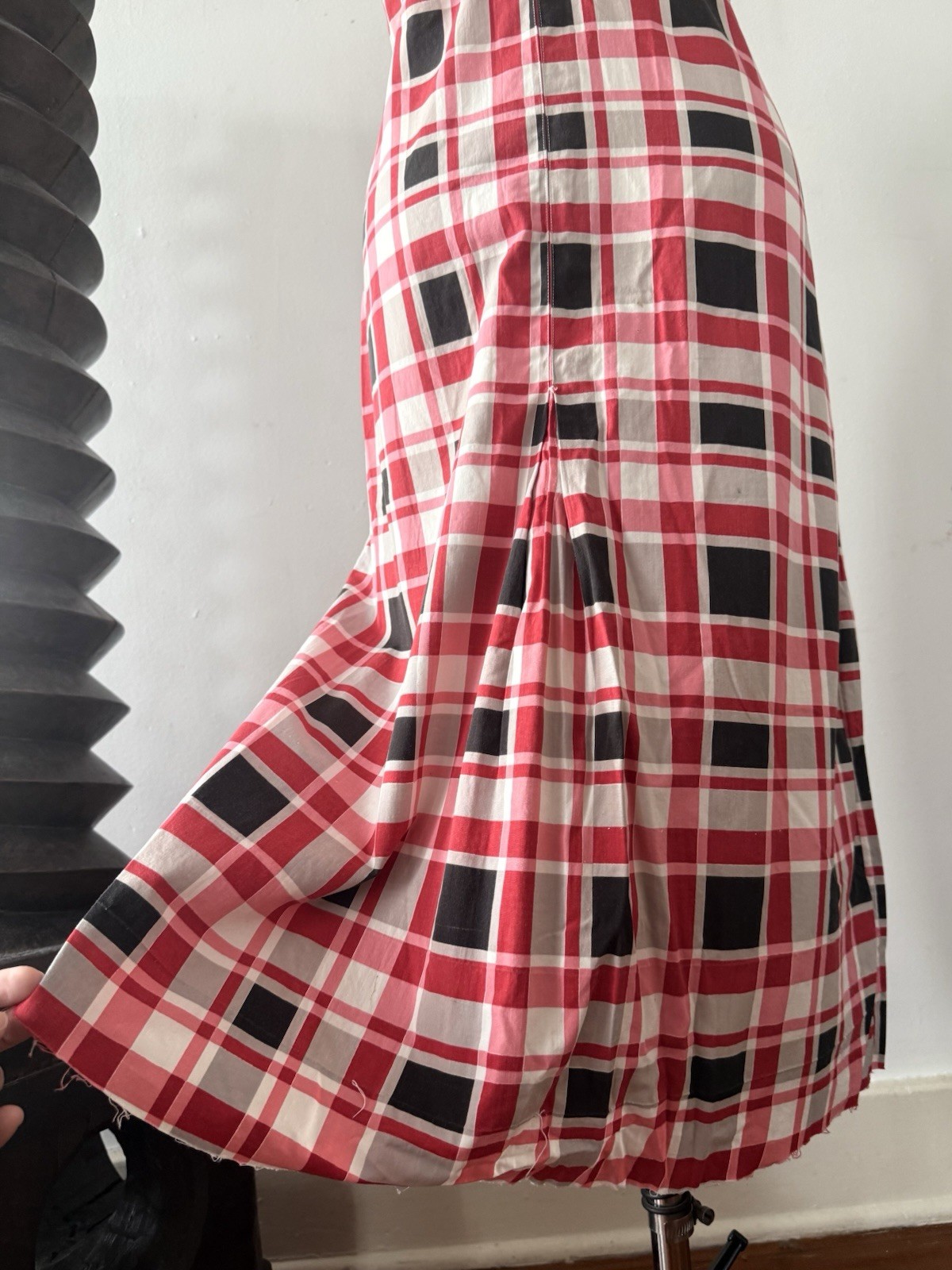 30s Glazed Cotton Plaid Pointed Collar 1/4 Zip Halter Dress Midi Sportswear S/M