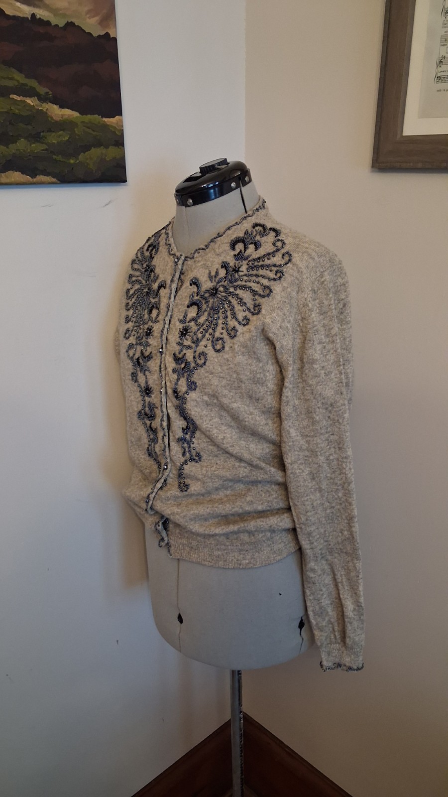 Vintage 1950s Beaded Cardigan, Grey And Black Sz 42 M/L Elegant Embellishedn
