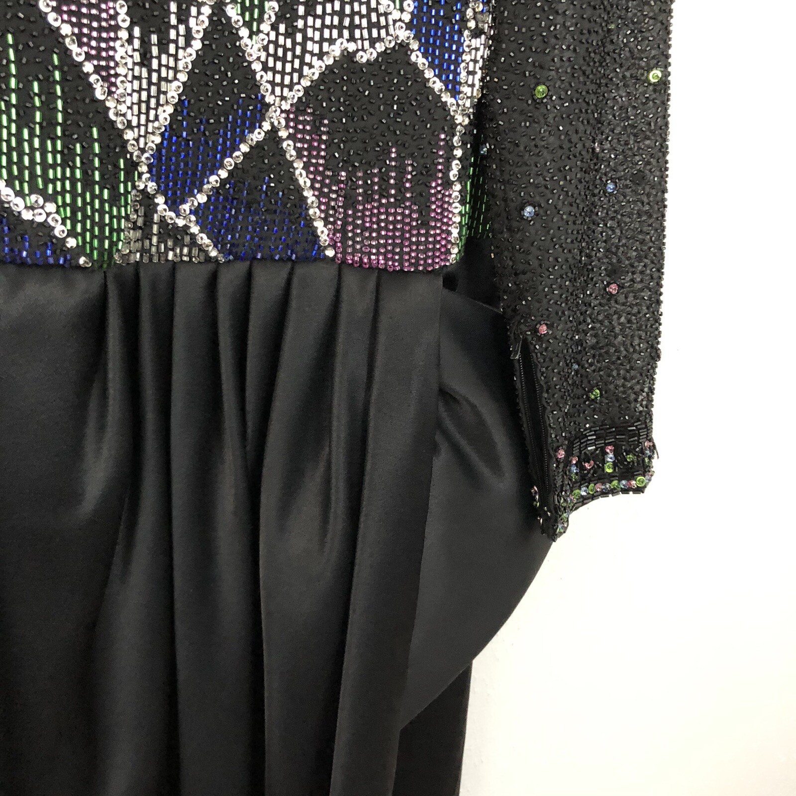 VTG 80s Amen Wardy Beaded Evening Gown Dress Sz M Black Sequin Dynasty Glamour