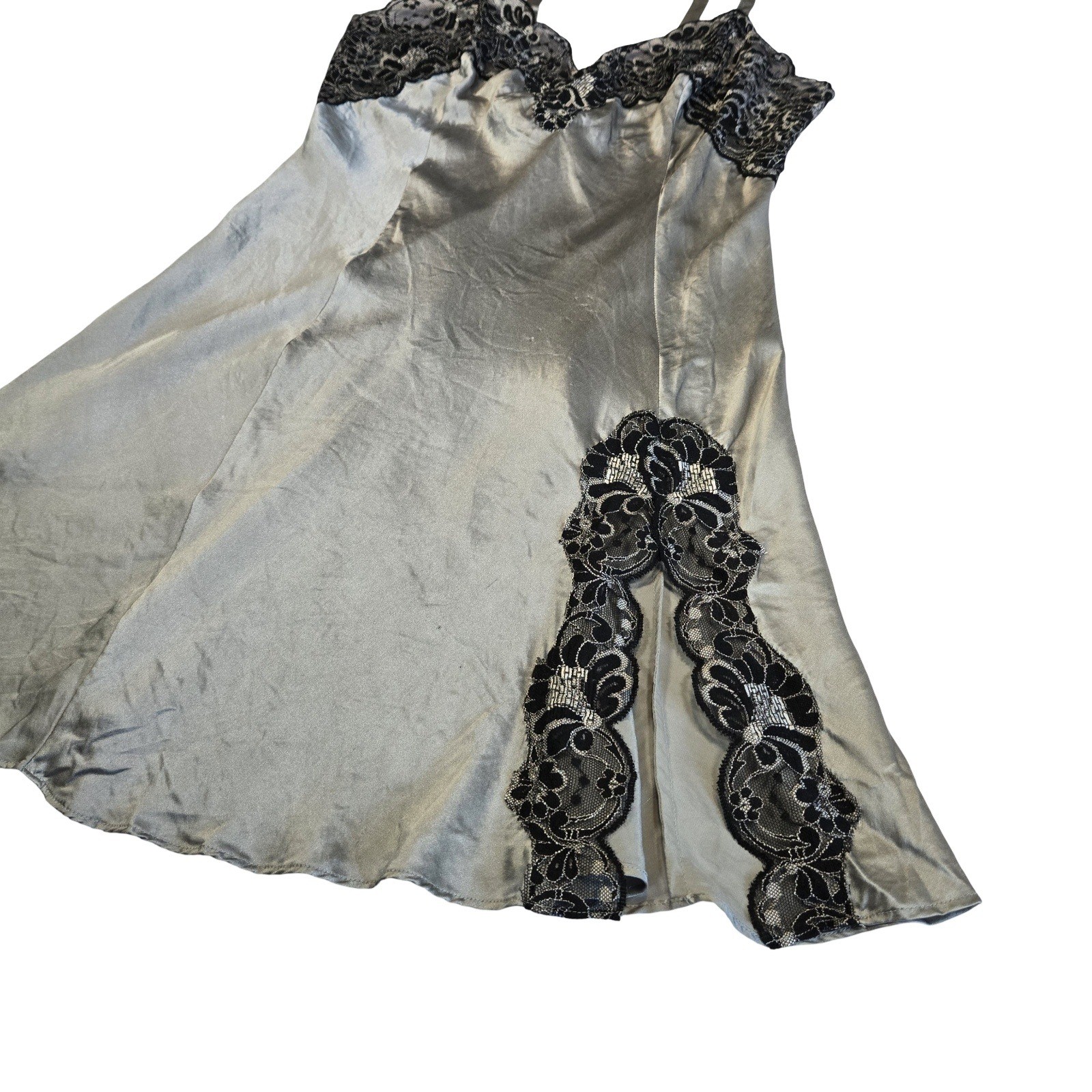 VTG 90s gray silk black lace Victorias Secret slip dress lingerie / gold label