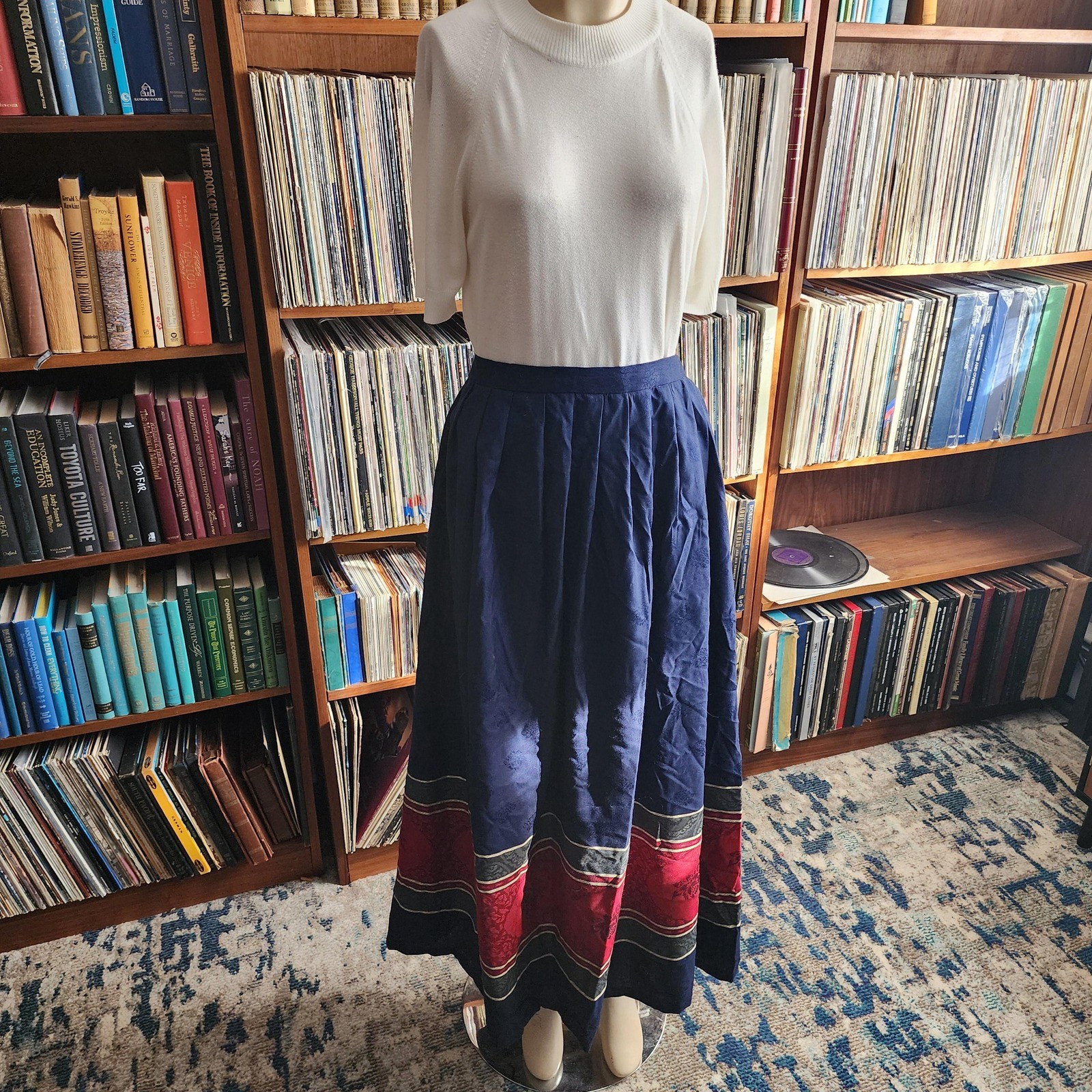 Vintage 1960s Villager Wool Blend Maxi Skirt Navy Blue Red Stripe Made in USA M