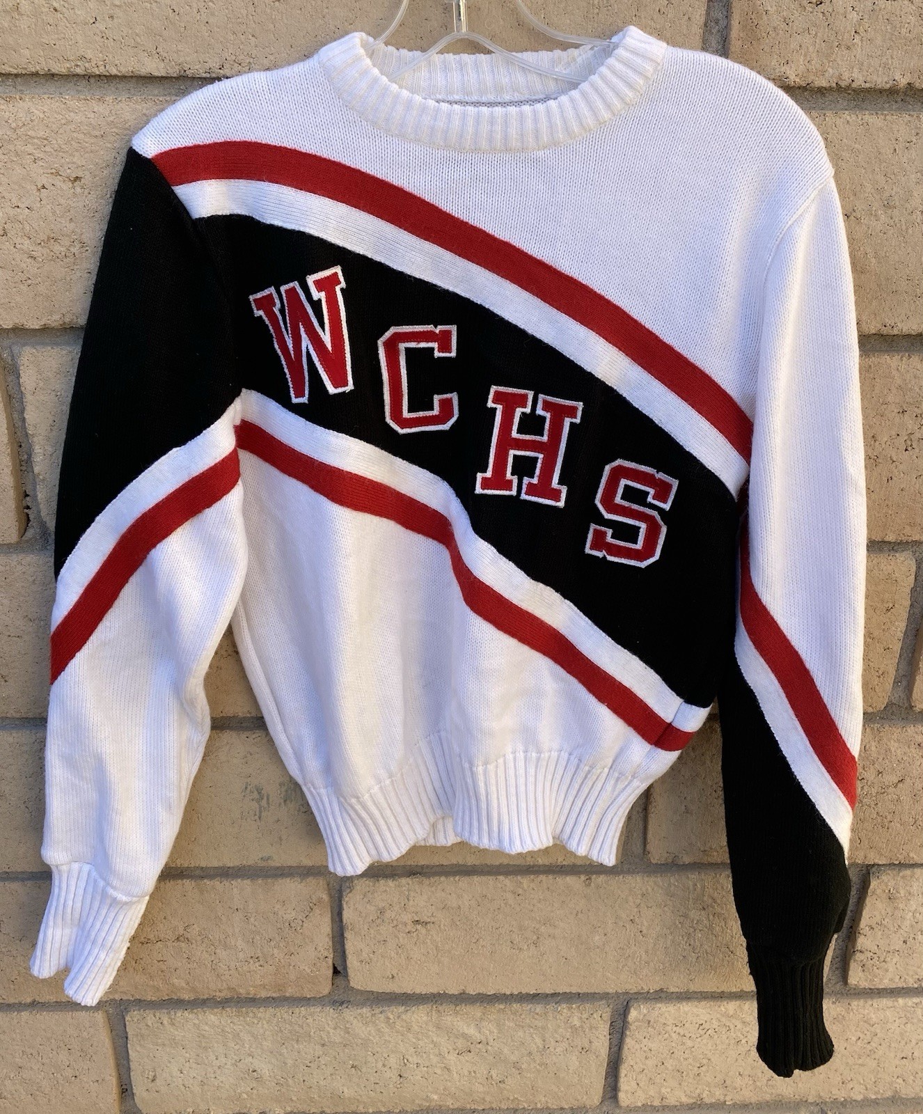 Vintage 80s Dehen Cheerleader Sweater WCHS White Black Red Acrylic Knit Size M