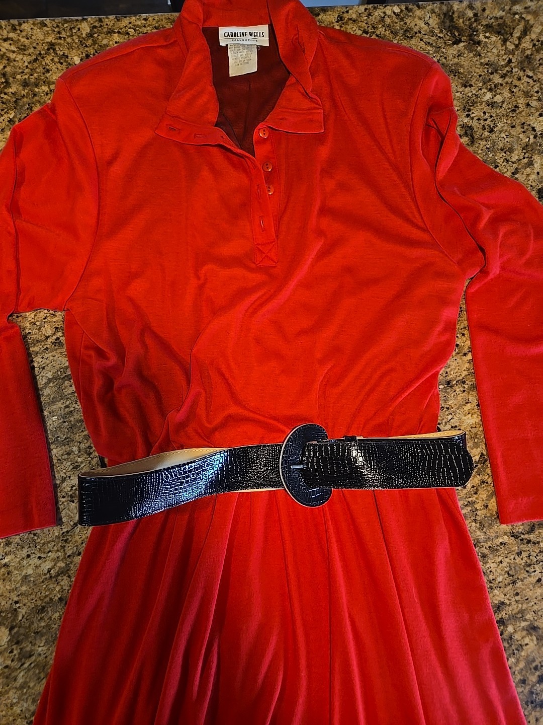Vintage 90s Caroline Wells Collection Red Collared Dress w/black belt Sz16