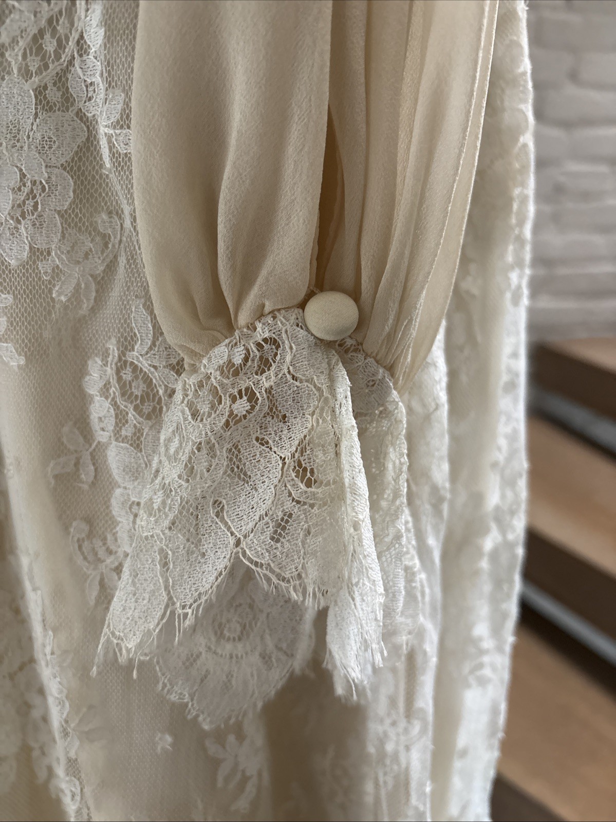VTG 1970s Bill Blass Elizabeth Arden Ivory Chiffon Lace Dress Wedding Bridal S/M