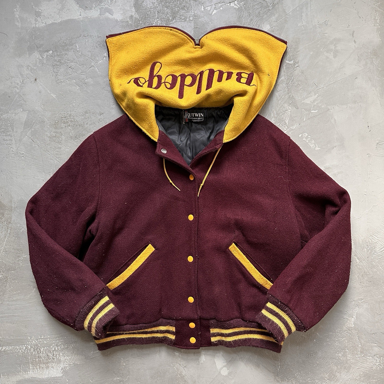 Vintahe Butwin Bulldogs Burgundy Wool Blend Quilted Lining Varsity Jacket Sz m