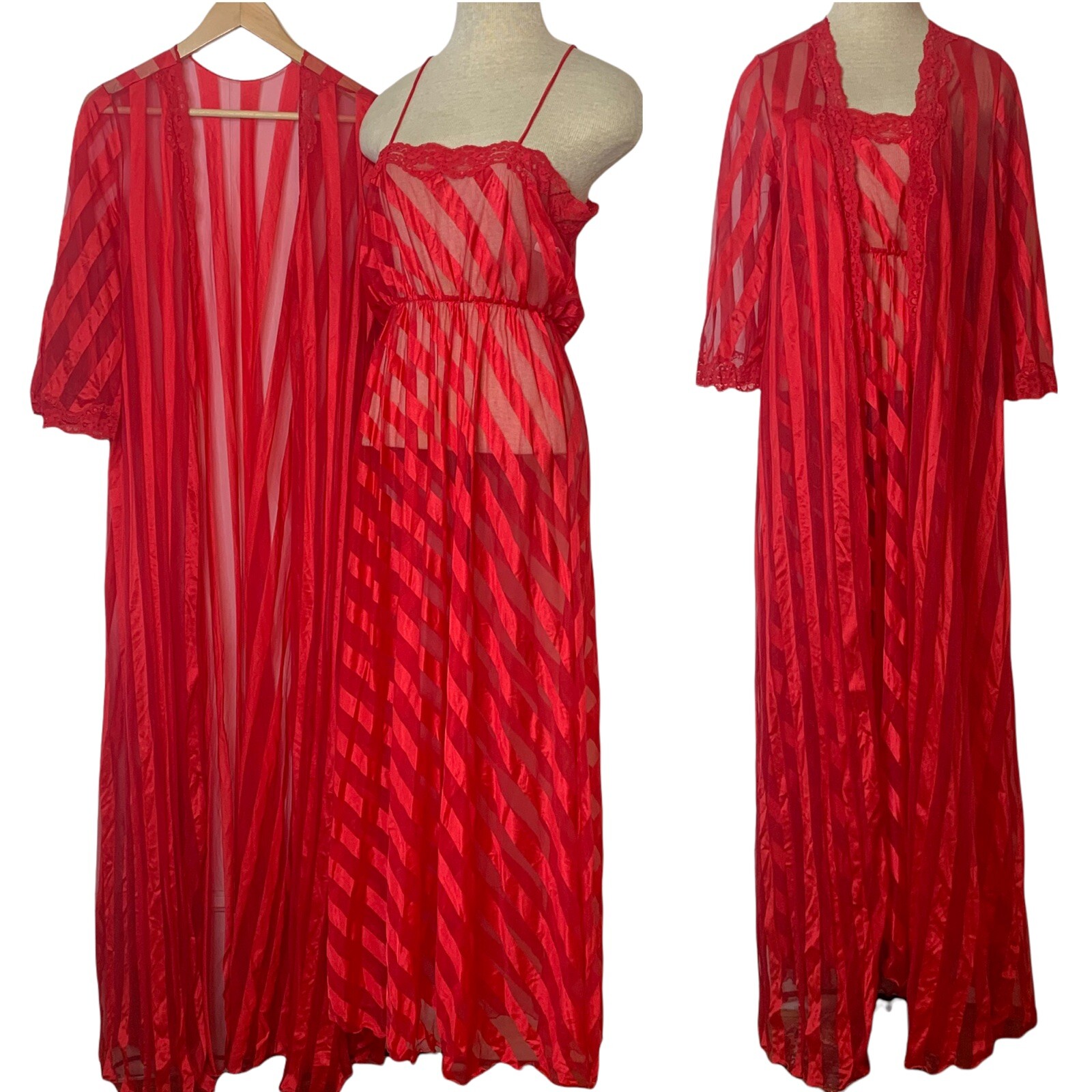 Vintage Jenelle of California Red Sheer Chiffon Peignoir Nightgown Set Gown S M