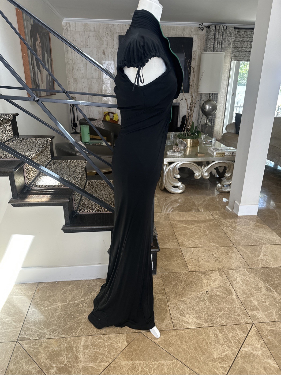 Mariano Toledo VTG Y2K Bias Cut Black & Green Jersey Low Neck Fishtail Gown 2