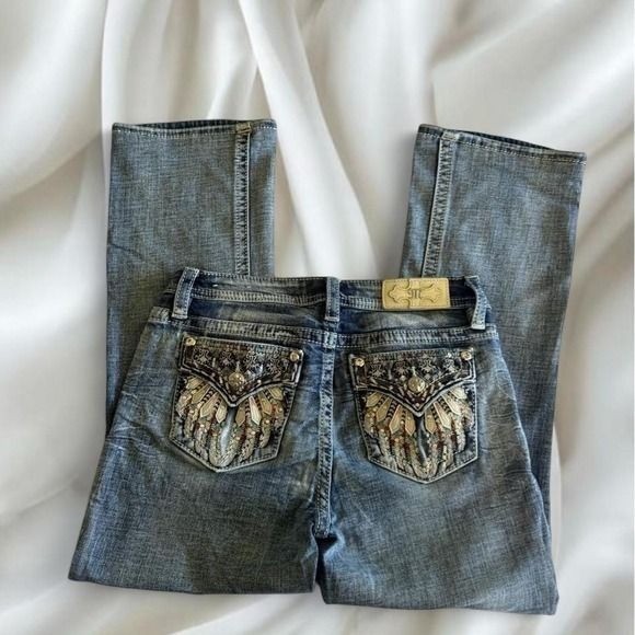 Y2K vintage Miss Me angel wing rhinestone low rise denim bootcut jeans grunge
