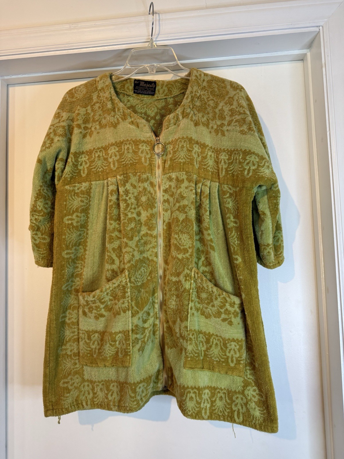 Vintage Her Majesty Green Cover Up Robe Terry Pockets 3/4 Sleeves Zip Up