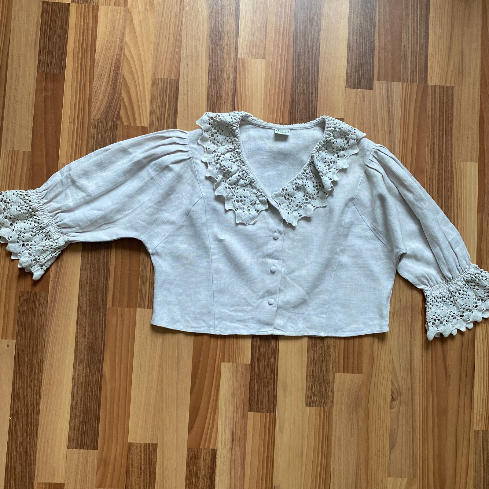 HESS FRACKMANN Linen Blouse Button Front Peasant Folk Edwardian Puff Sleeves 42