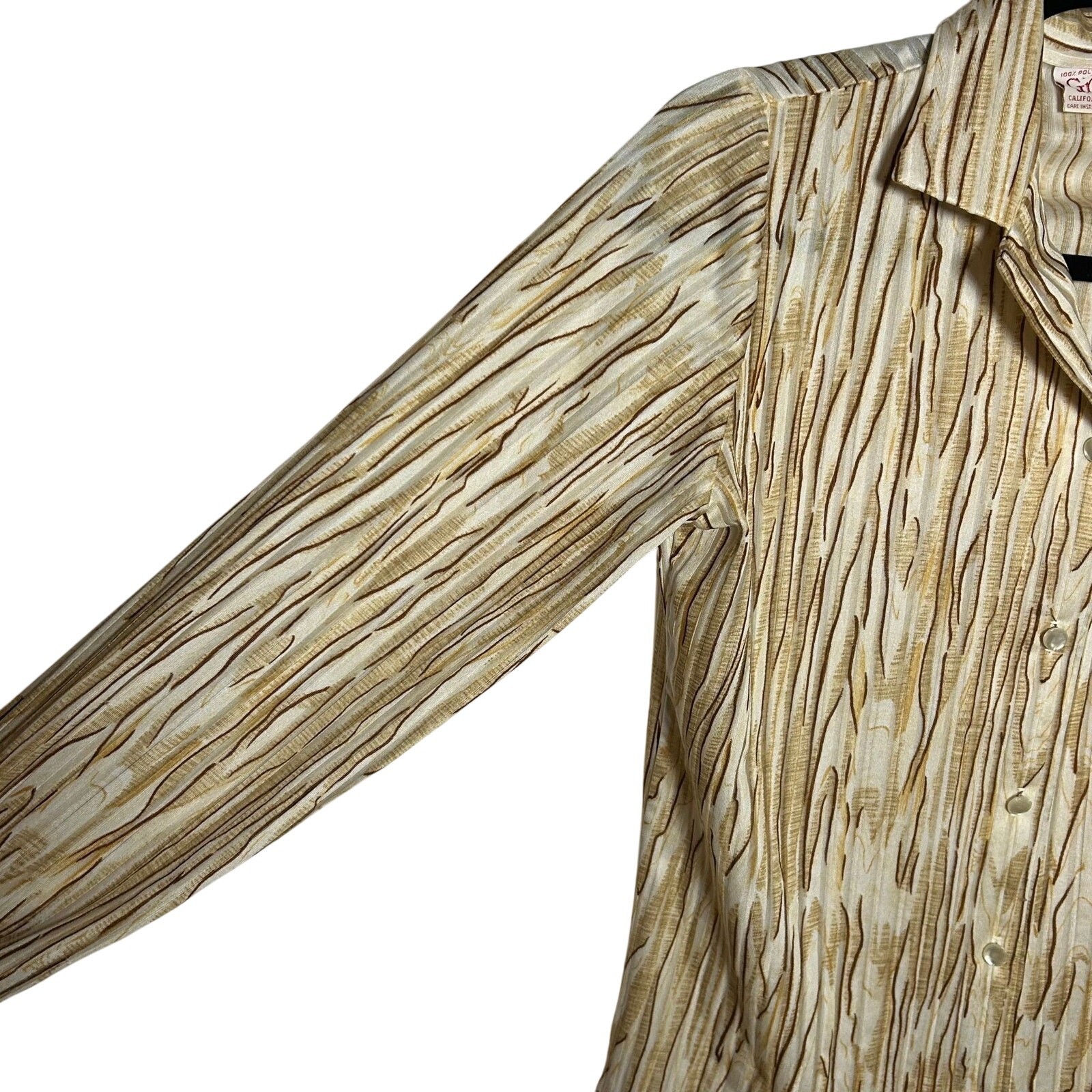 VTG 70s Graff Californiawear Faux Bois Wood Grain Blouse Dagger Collar S/M Disco