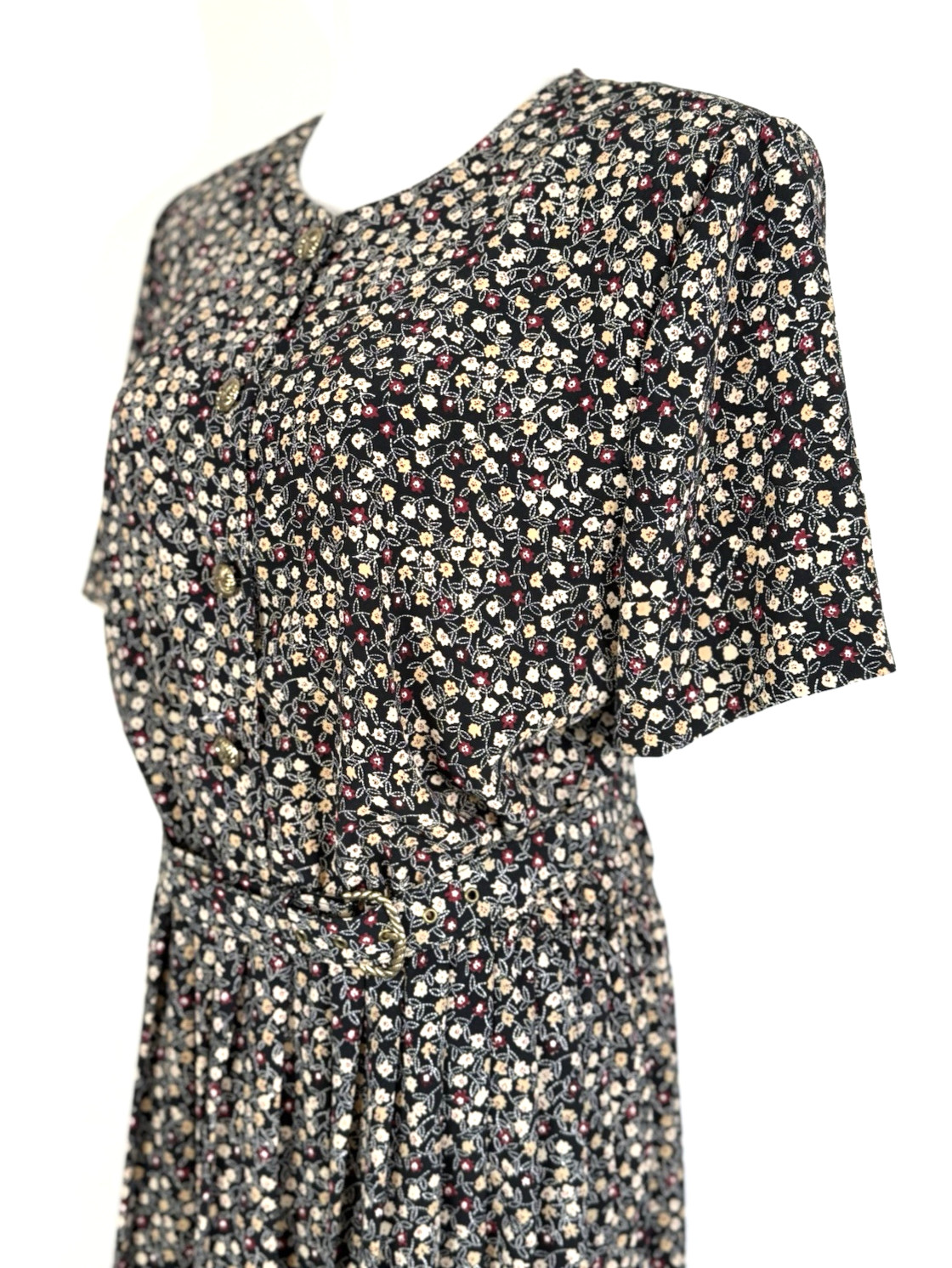 Leslie Fay Womans Size 14 Dress Floral Black Vintage Belted Midi Classic Modest