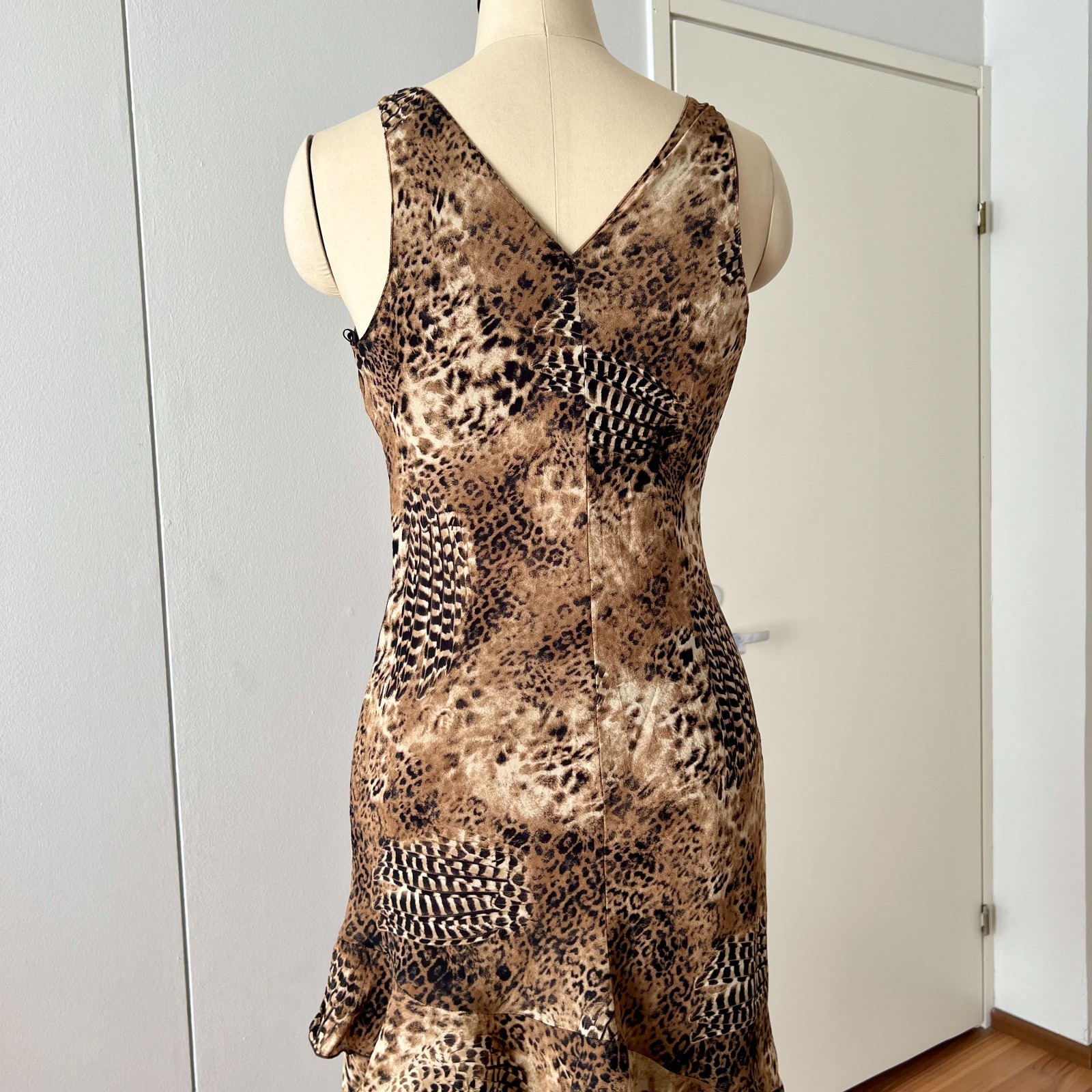 90s Leopard Print Midi Slip Dress Asymmetrical Hem Fairycore Bias Cut Slinky 44