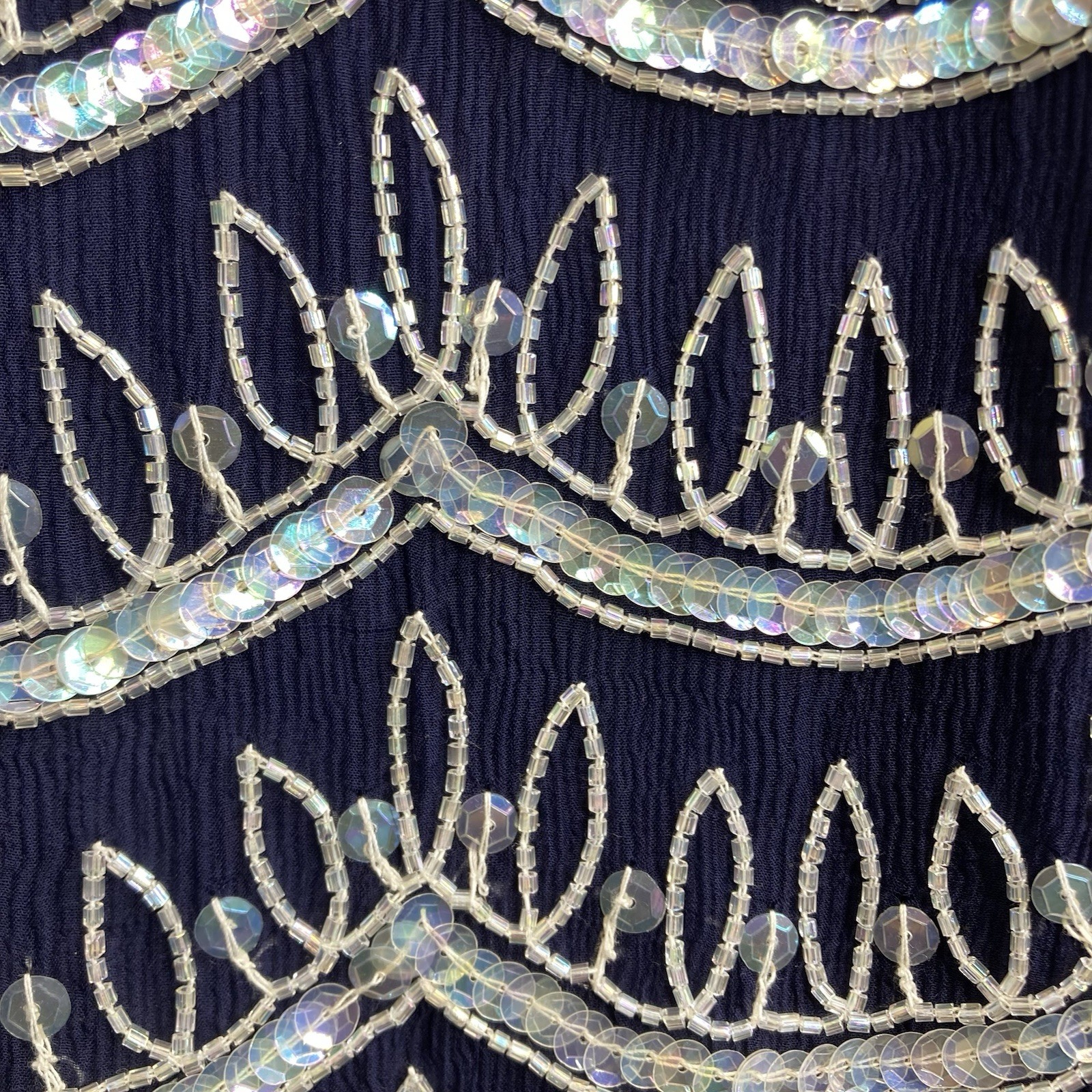 VTG 80s Frank Usher Navy 100% Silk Beaded Top Sz S Silver Sequin Evening Blouse