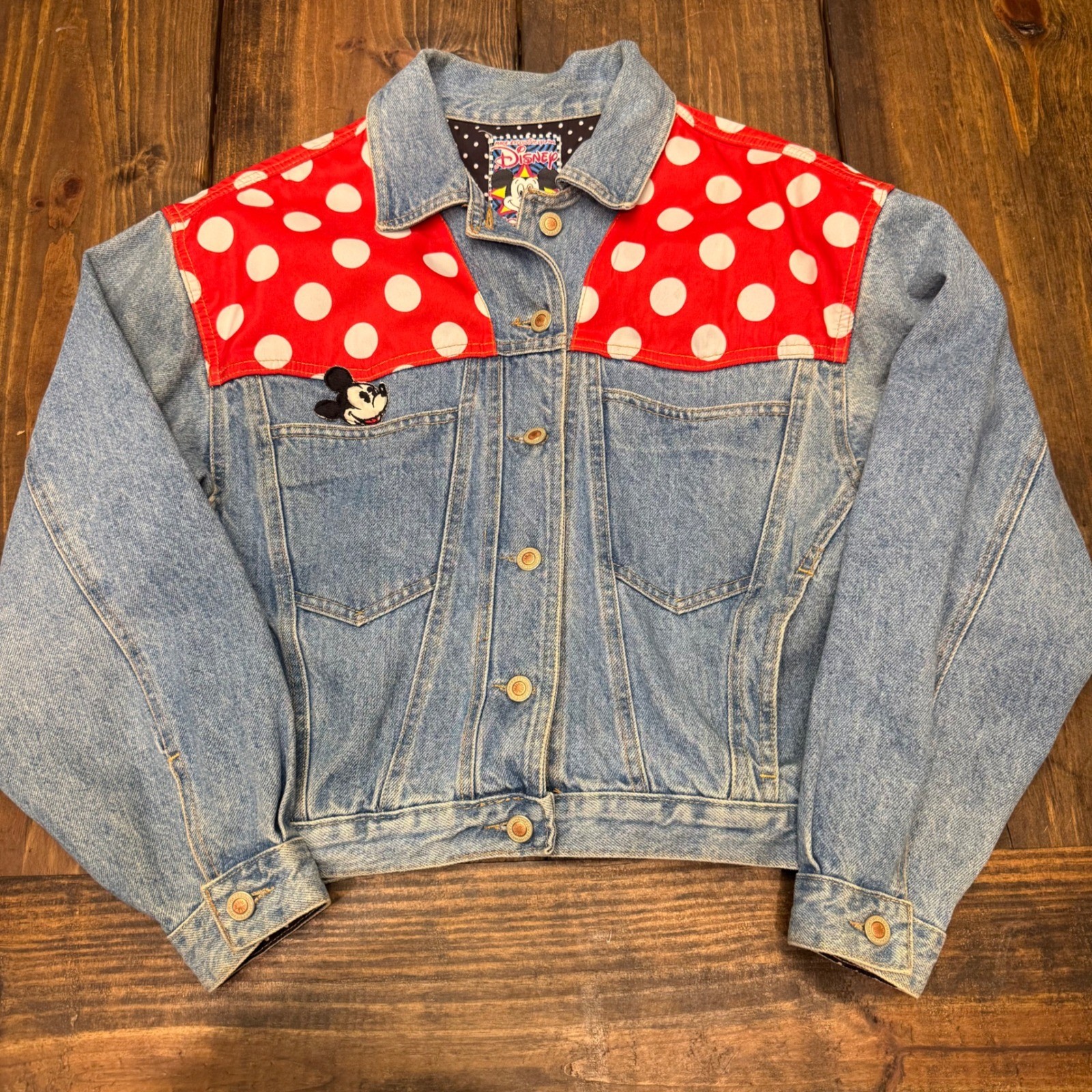 Vintage Disney by JouJou Mickey Minnie Mouse Denim Jacket Polka Dot Red Blue M