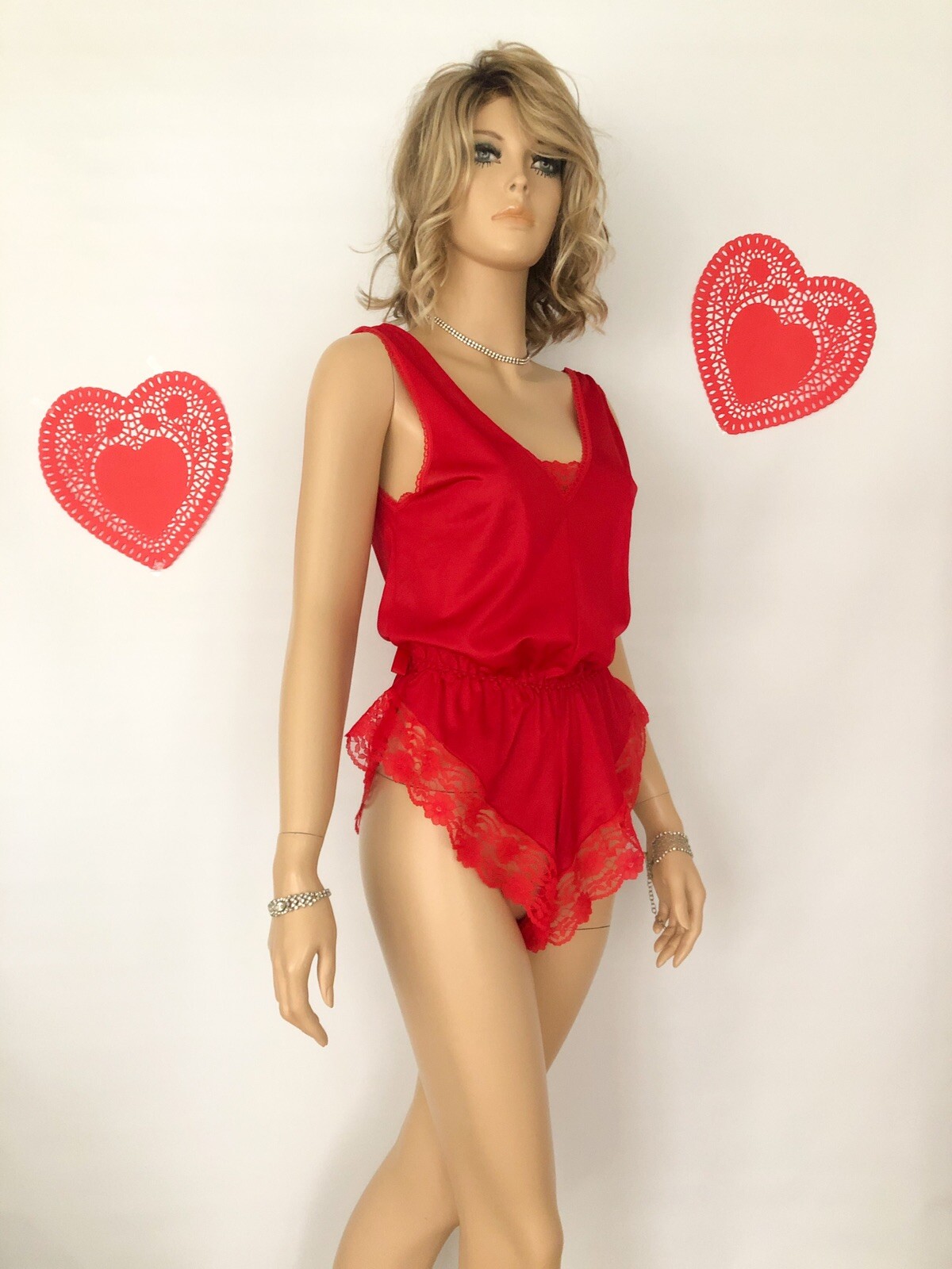 Vintage Red Lace Teddy playsuit romper lingerie Cheeky SZ M/6 90s retro Pin Up