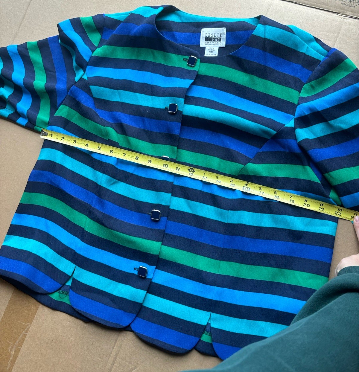 80s Geometric Striped Top – Vintage LESLIE FAY, Blue Shades, Size 18WP