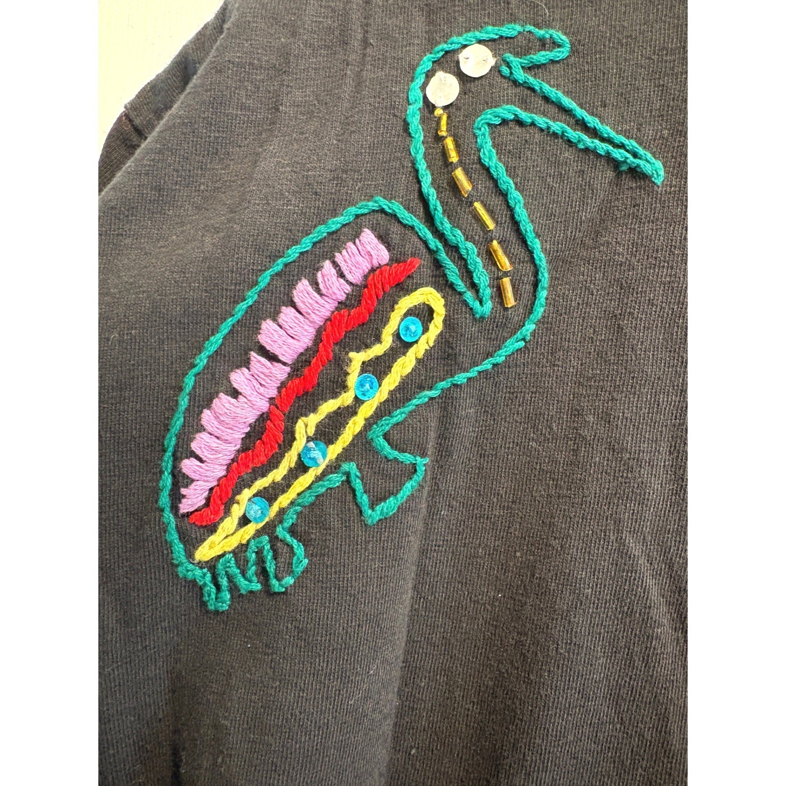Passports Pier 1 Imports Vintage Black Cotton Embroidered Bird T-Shirt Medium
