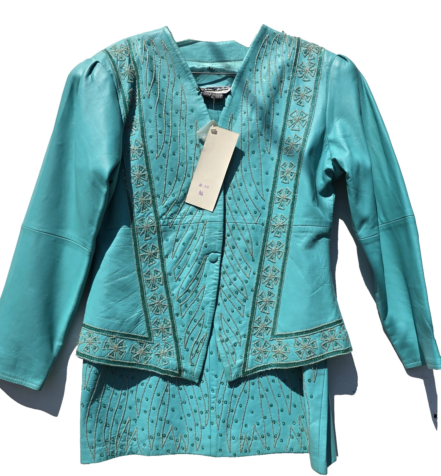 Vanna White Original Beaded Turquoise Leather 1980’s vintage Suit New W/Tags