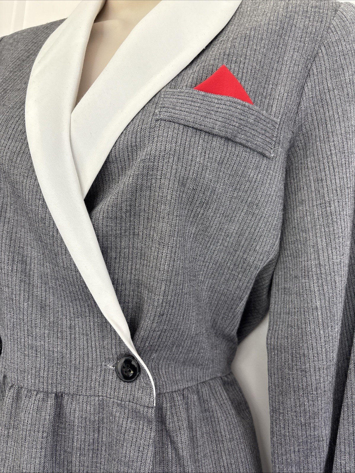 Vintage Grey Pinstripe Dress I Magnin Sz Classic White Collar Red Pocket Scarf