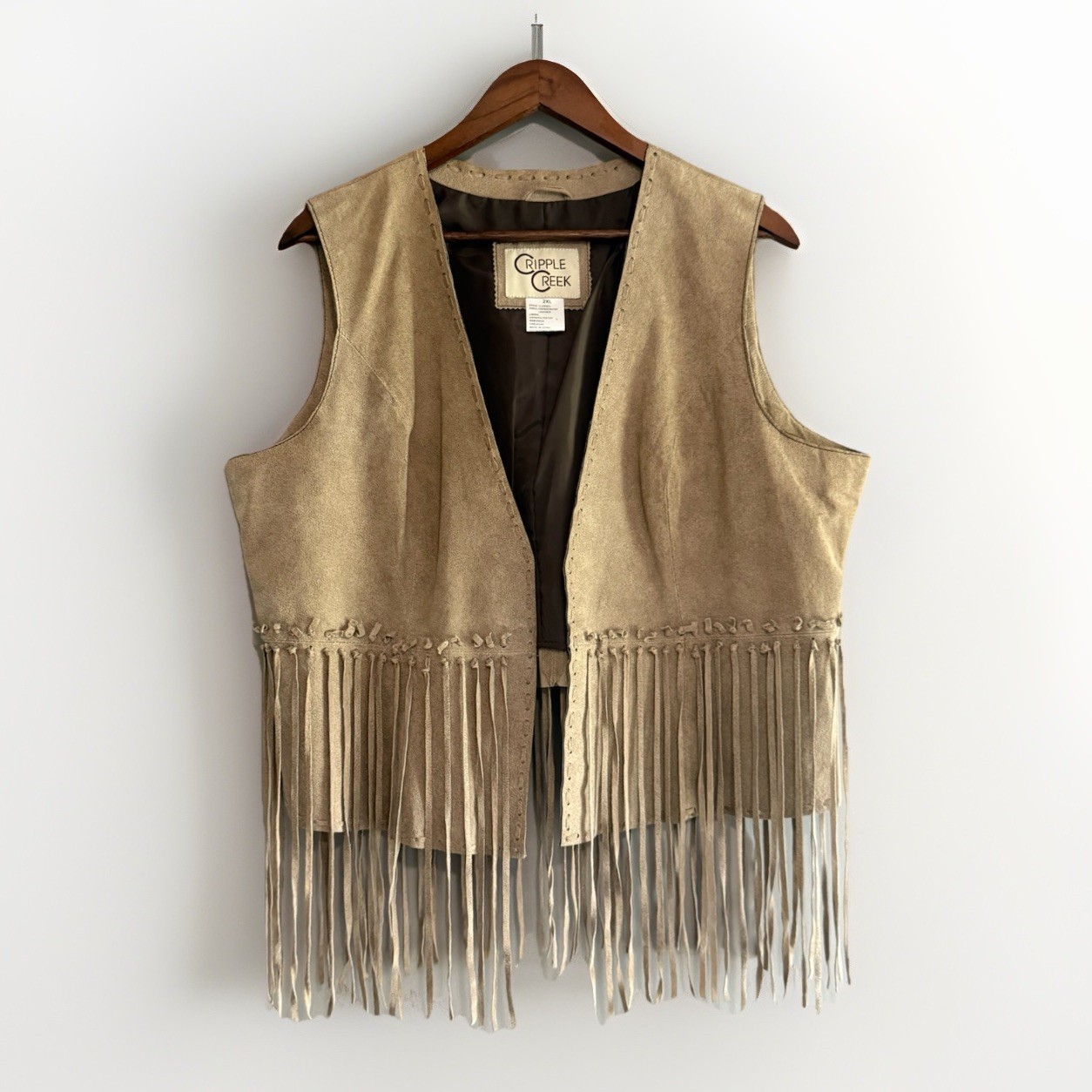 Vintage Suede Leather Vest Fringe Western Hippie Boho Festival Tan Tribal 70s 2X