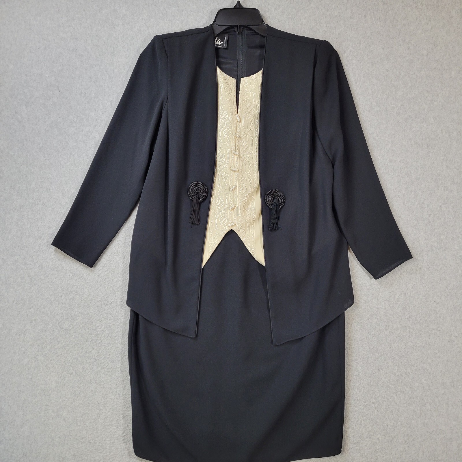 Ursula of Switzerland Midi Dress Black/Ivory Long Sleeve Embroidered Womens 12P