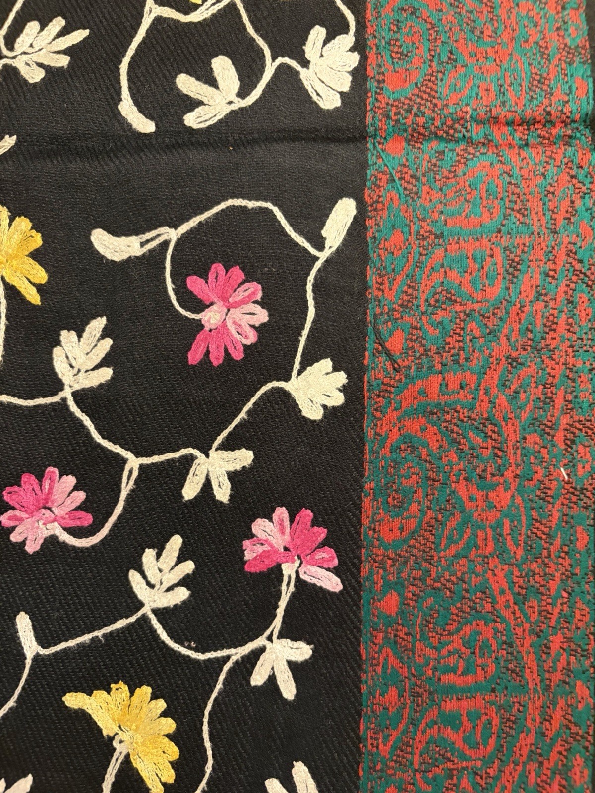 Vintage Kashmiri Jamawar Shawl 100% Pure Wool Black Floral Embroidered Wrap