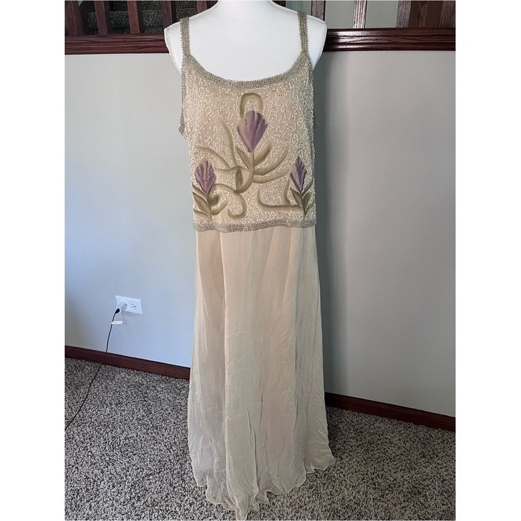Vintage Silk Beaded Floral Maxi Dress Champagne Purple Tulip Formal Gown 16