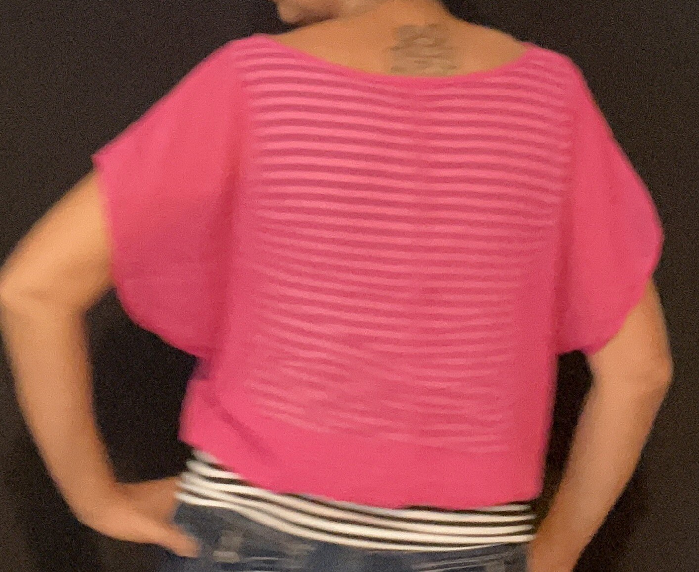 Vintage 90 I.N. Studio Woman Black-and-white stripes pink Sheer Ladder Top SZ M