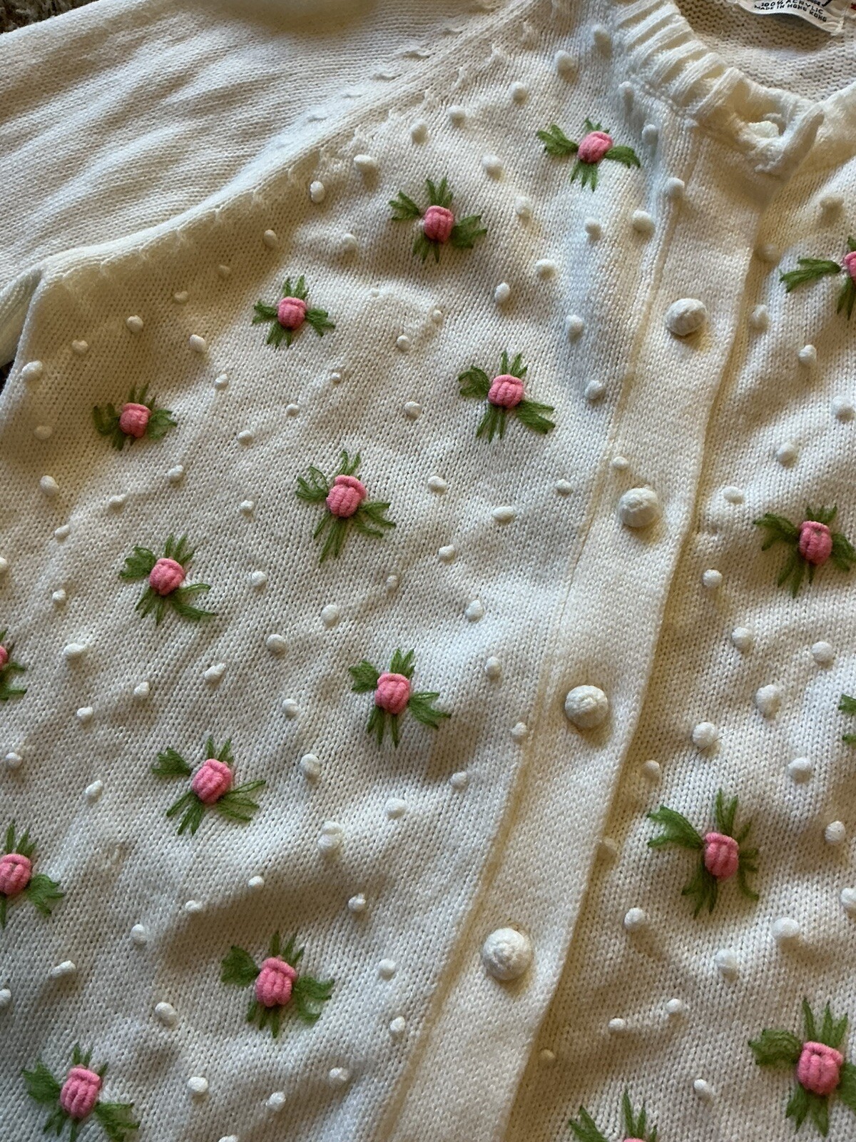 Vintage Kingsley Cardigan Sweater Medium VGUC White Floral Design