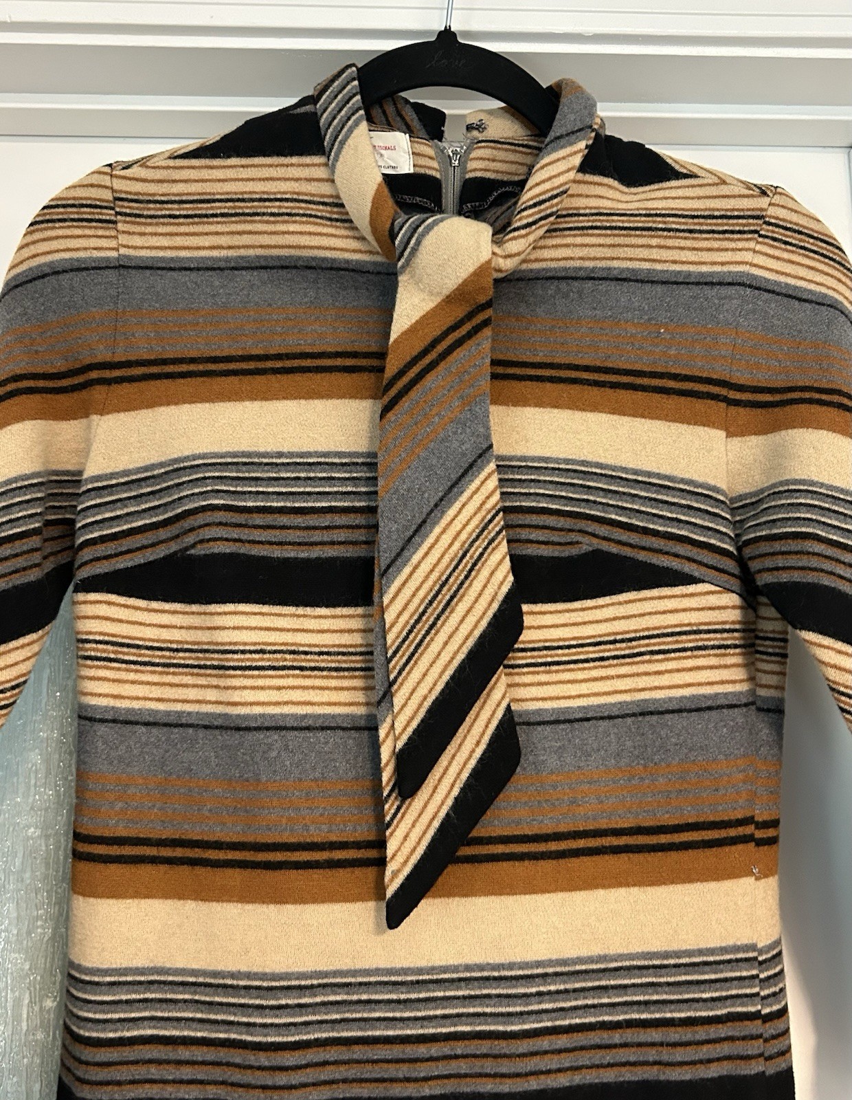 VTG 70s R&K Originals Mod Striped Sheath Dress Brown Black Gray Beige