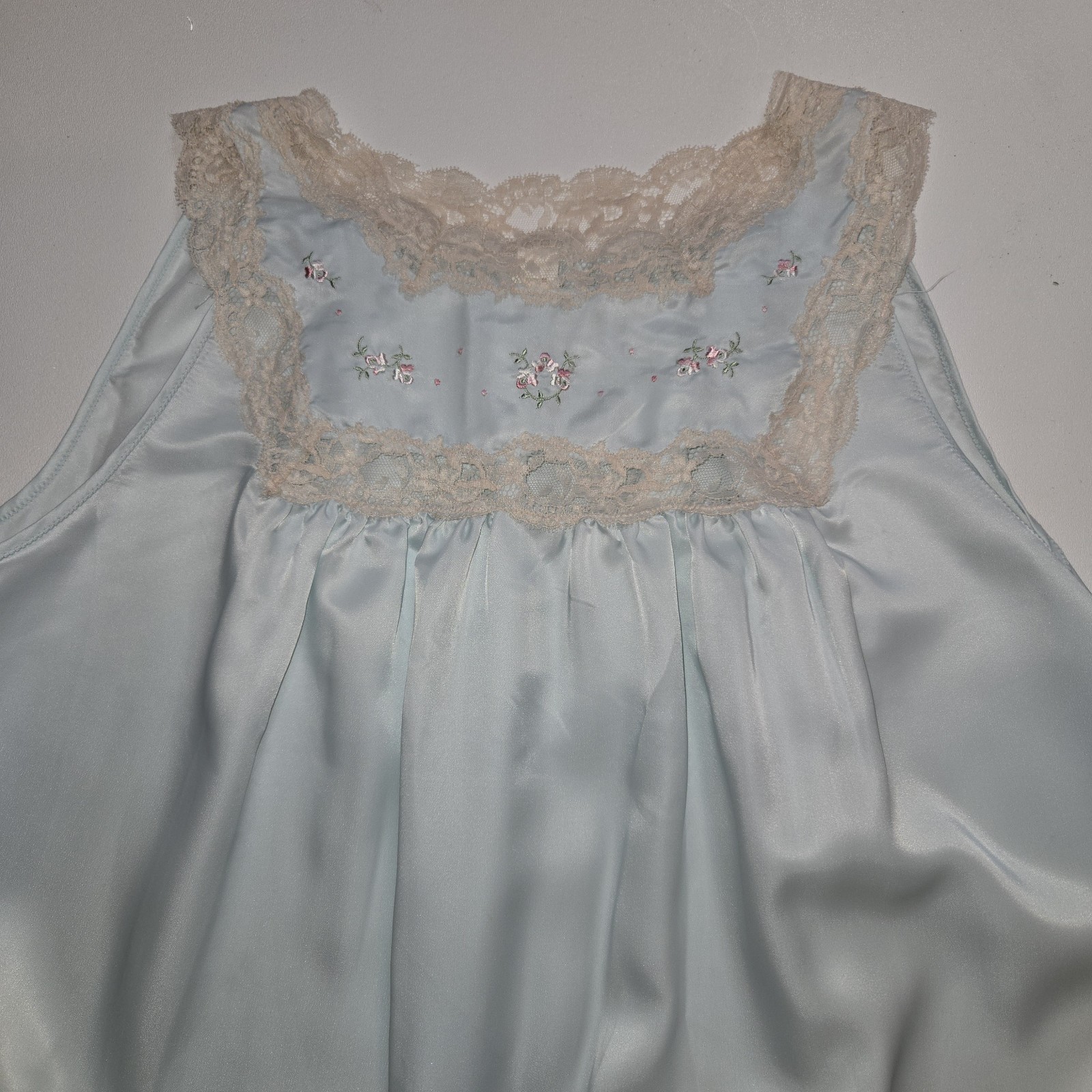 Vintage Barbizon Laurel Nightgown Small Blue Lace Trim Floral Satin De Lys Nylon