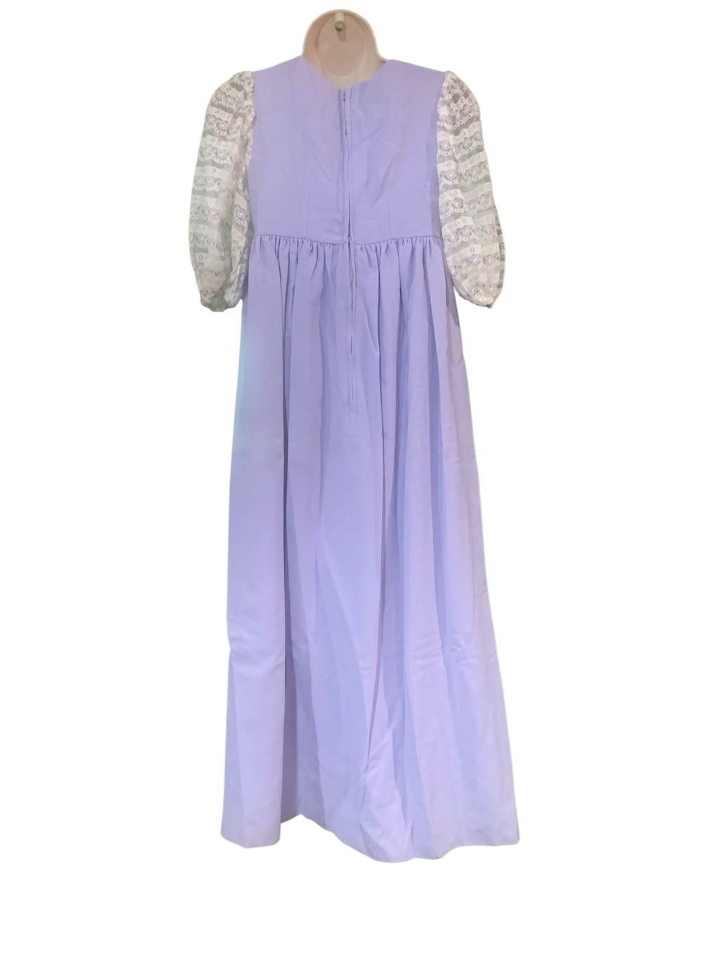 Vntg 60’s empire waisted regency lace puff sleeved lavender maxi dress sz xs