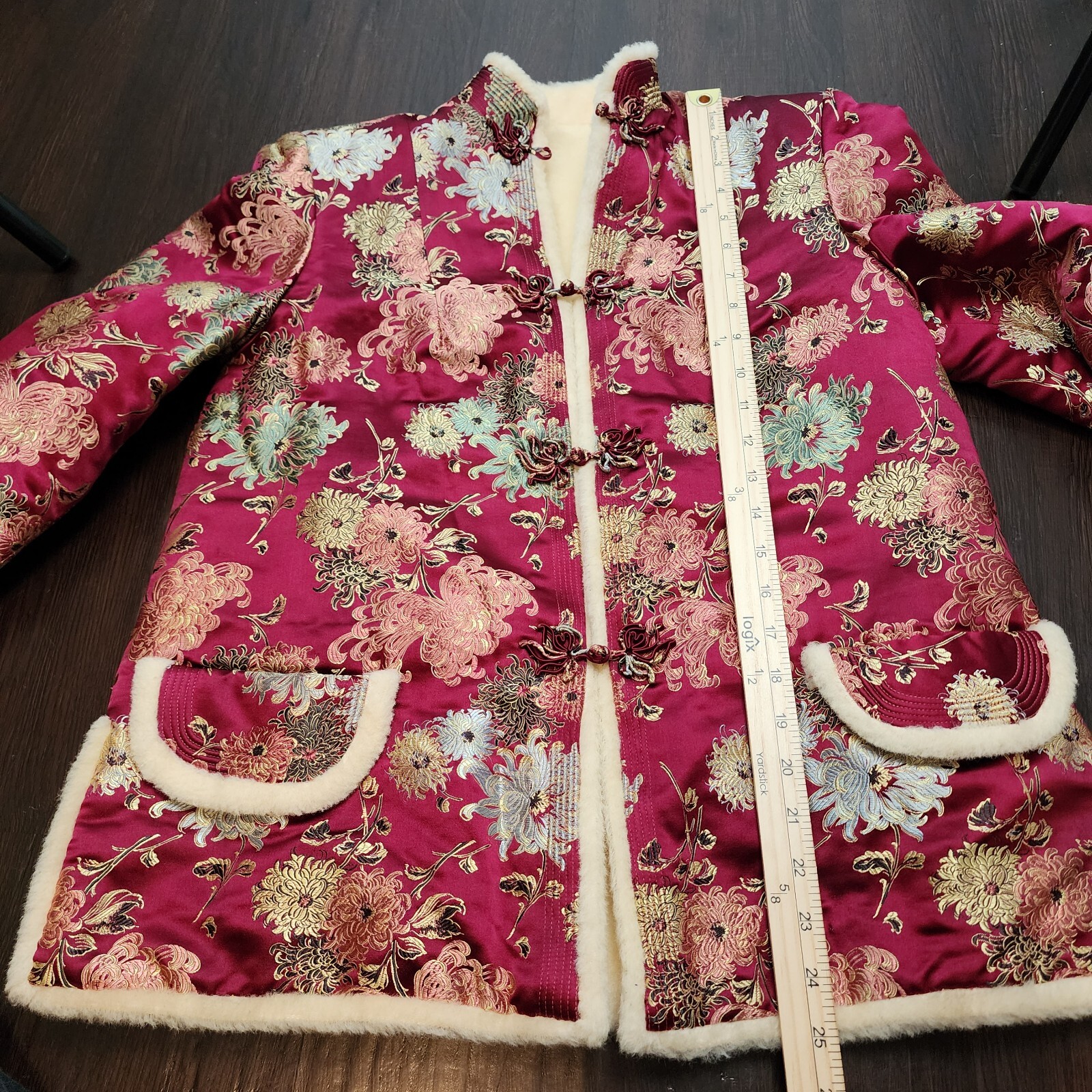 Vintage 70s Asian Mandarin Sherpa Lined Jacket Coat Silk Burgundy Chrysanthemum