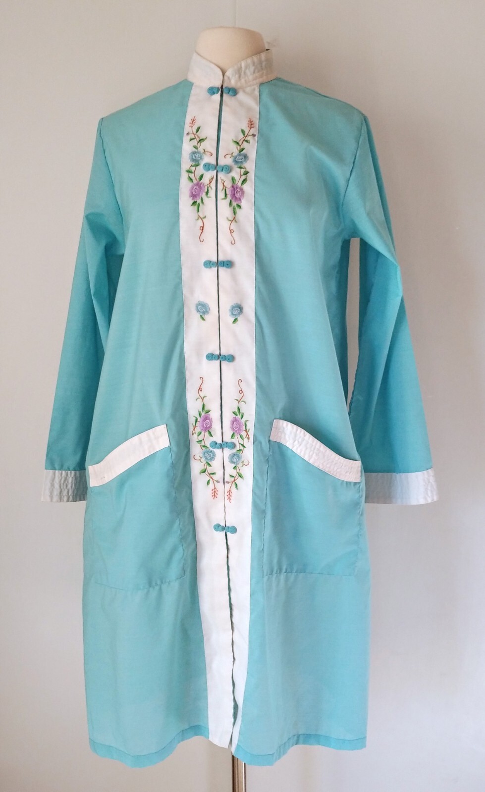 Vintage Jodie Arden Blue Embroidered Kimono House Dress Robe Womens Medium