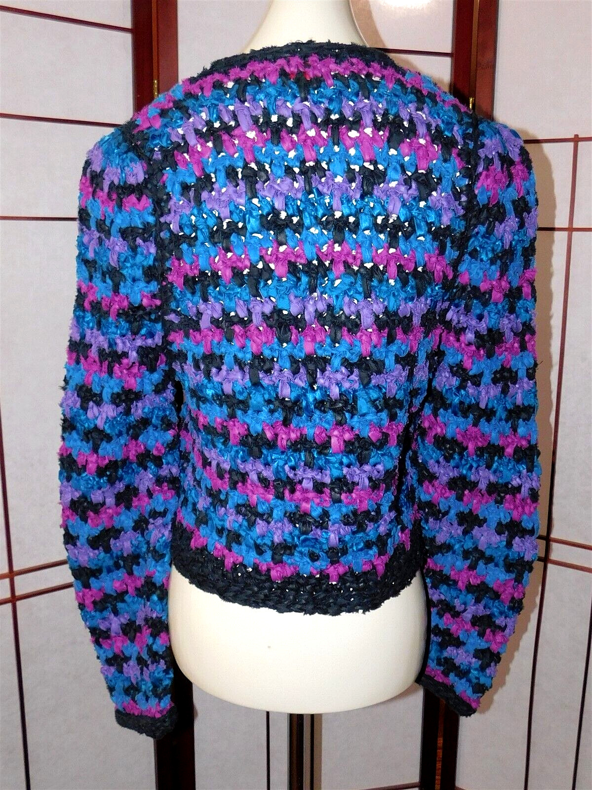 Estelle Gracer Blue Purple Chunky Knit Crop Jacket Sweater 1989 Glam Small