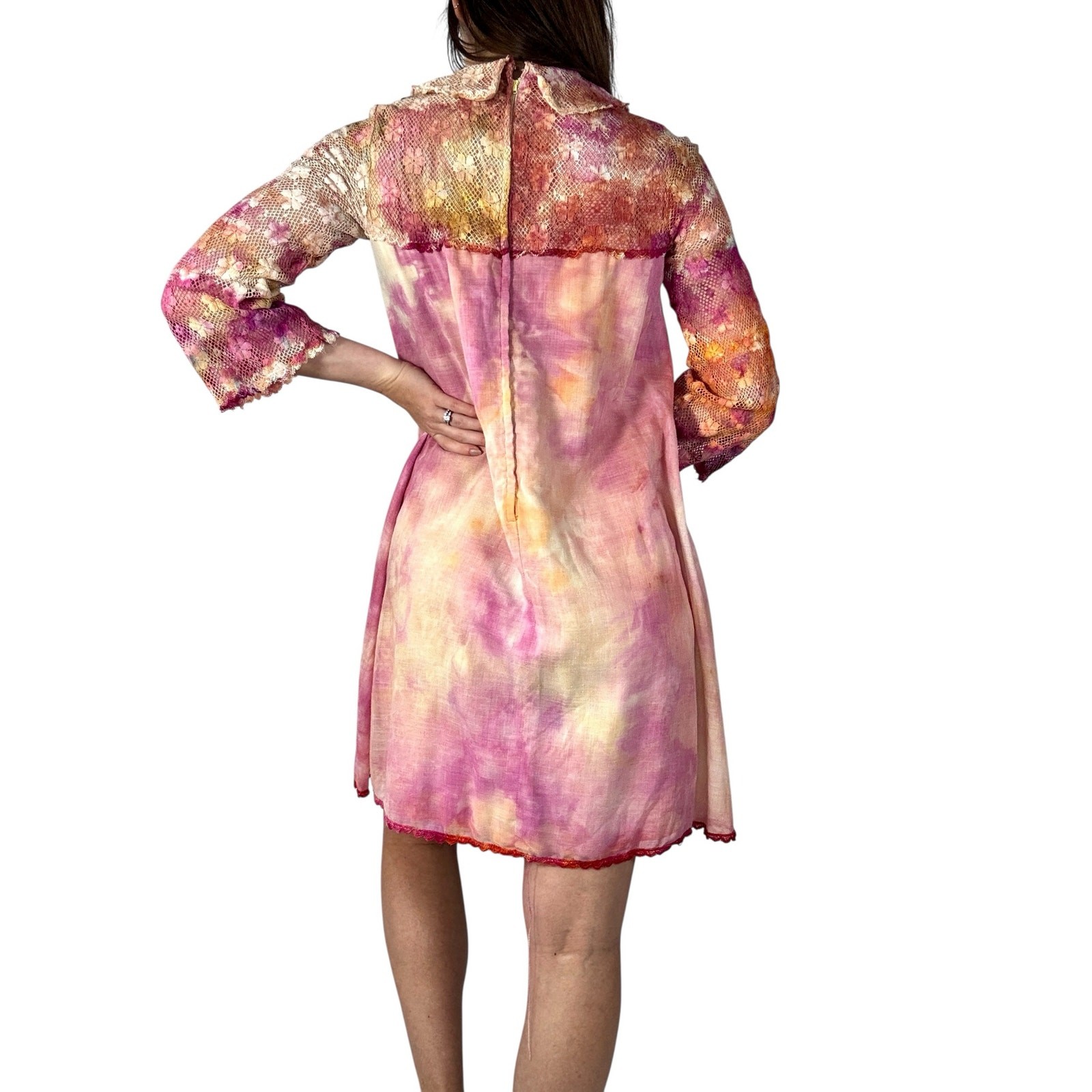 Vintage 1960s Hand Dyed Pink Orange Ice Dye Shift Dress Bell Sleeves Lace Yoke