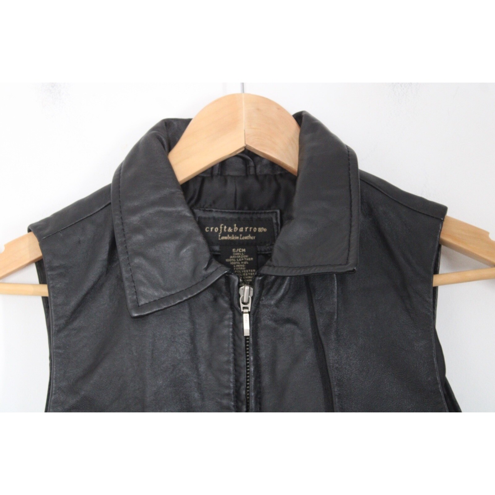 Vtg 90s Croft & Barrow S Black Lambskin Leather Zip-Front Vest