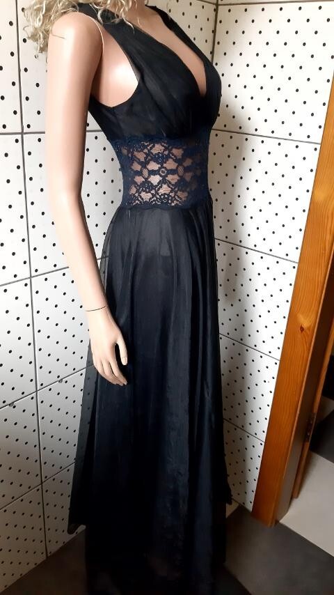 Vintage 80s Black Nylon Peignoir Dress Sexy Guipure Layered Chest 86cm/34″