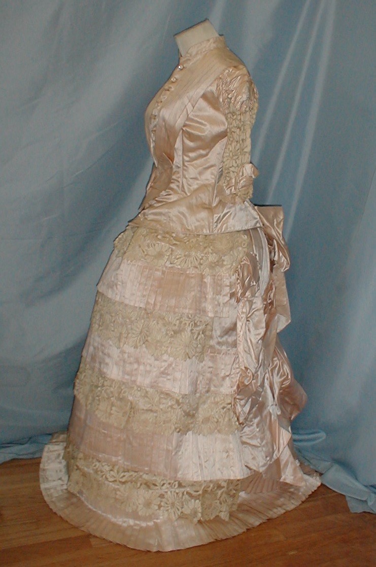 Victorian Antique Wedding Bustle Dress 1880 Satin & Blonde Lace Trim / Label