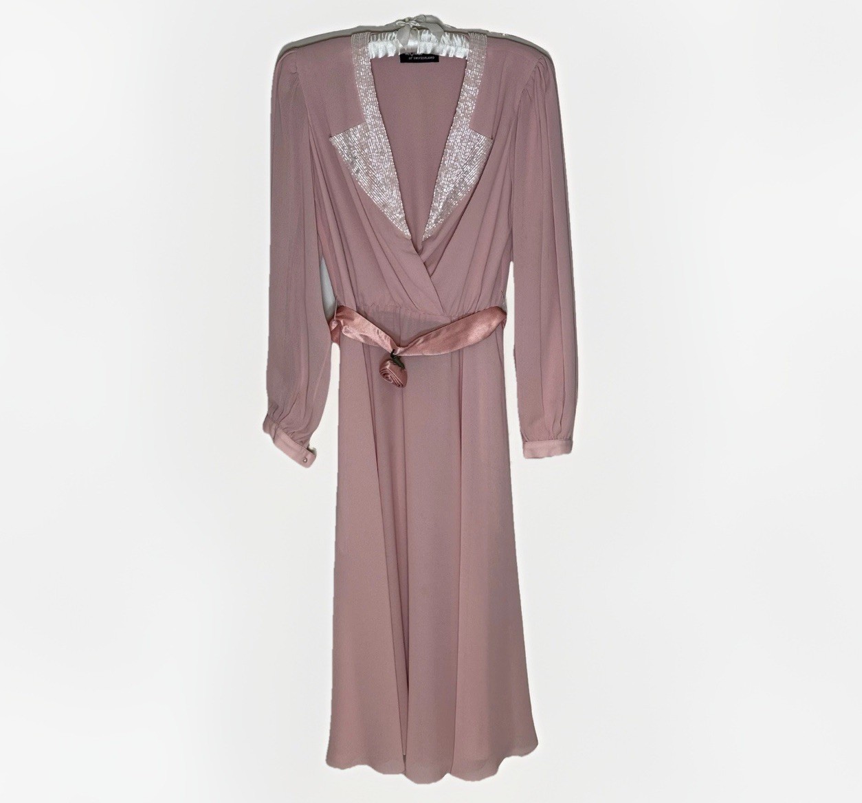 Vintage 70’s!Baby Pink Chiffon Dress w/Satin Belt Ursula of Switzerland Sz 9/10