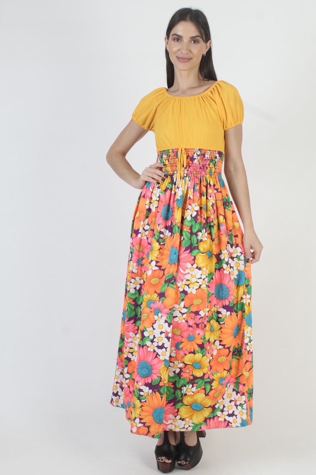 Vtg Tropical Print Dress Hawaiian Smocked High Waist Floral Tiki Luau Sundress
