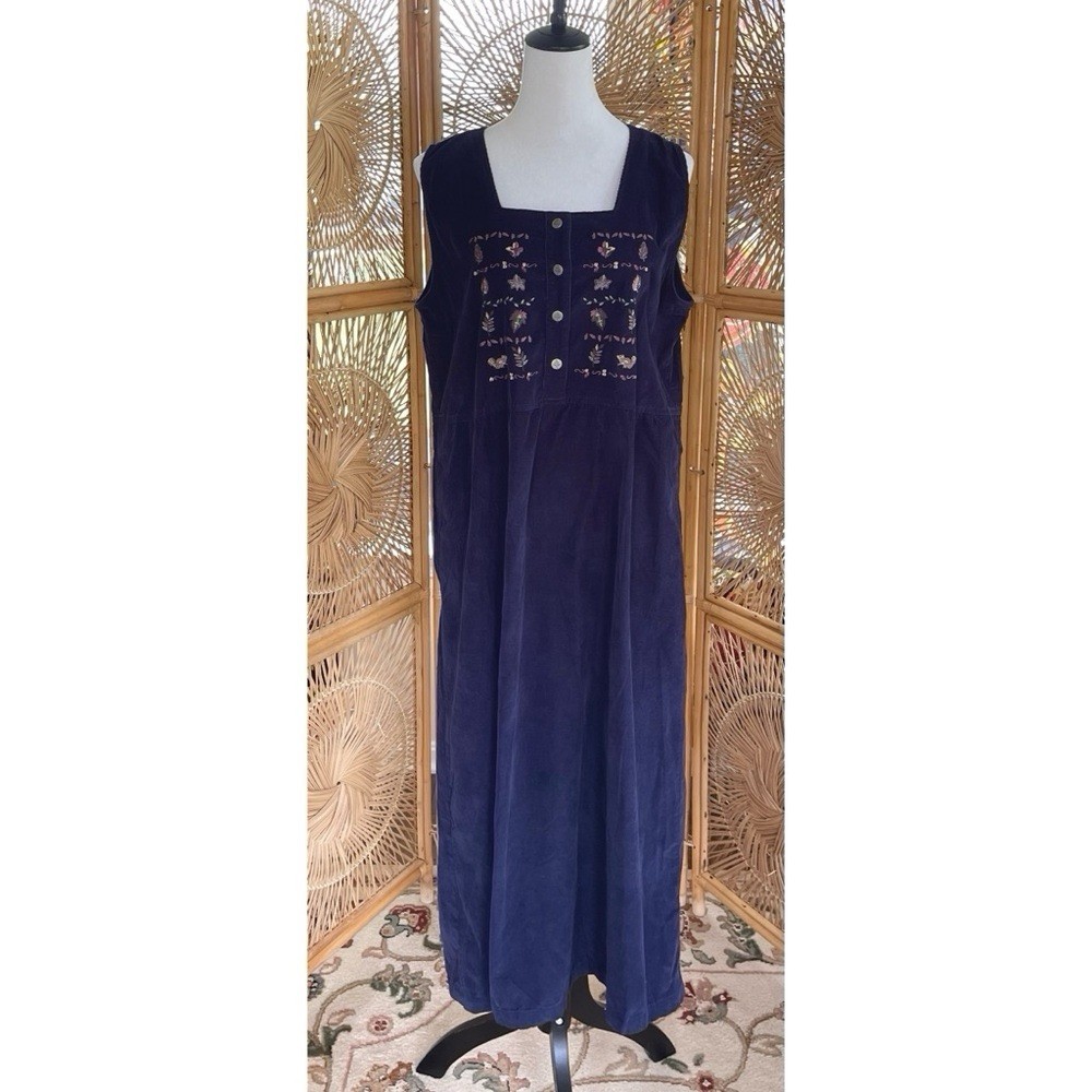 Vintage 90s NWT Northern Reflections Dark Blue Corduroy Embroidered Jumper Dress