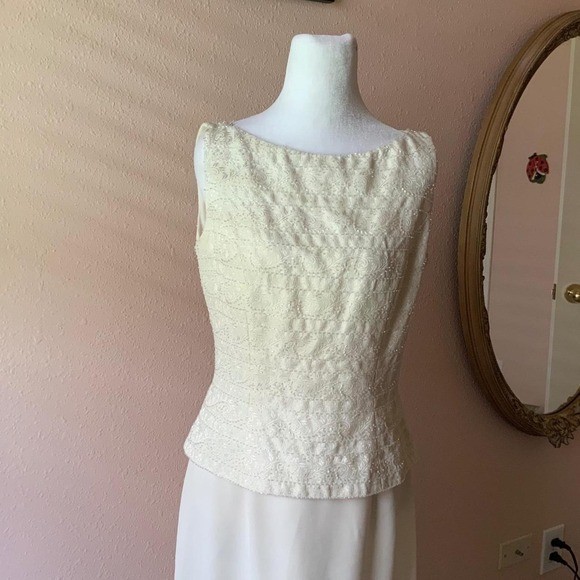 Vintage 80s / 90s White Beaded Peplum Top and Skirt Formal Dress Set